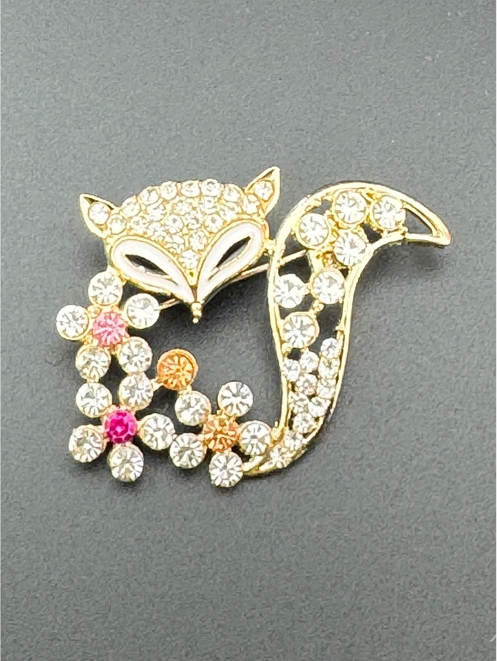 Gold Tone Fox Brooch with Clear and Colored Rhinestones